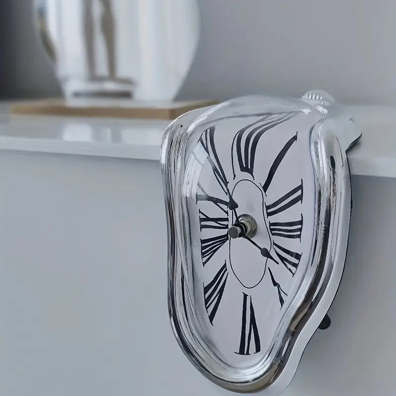 Surreal Melting Roman Clock – Golden Plastic, Battery-Powered, Decorative Art Piece