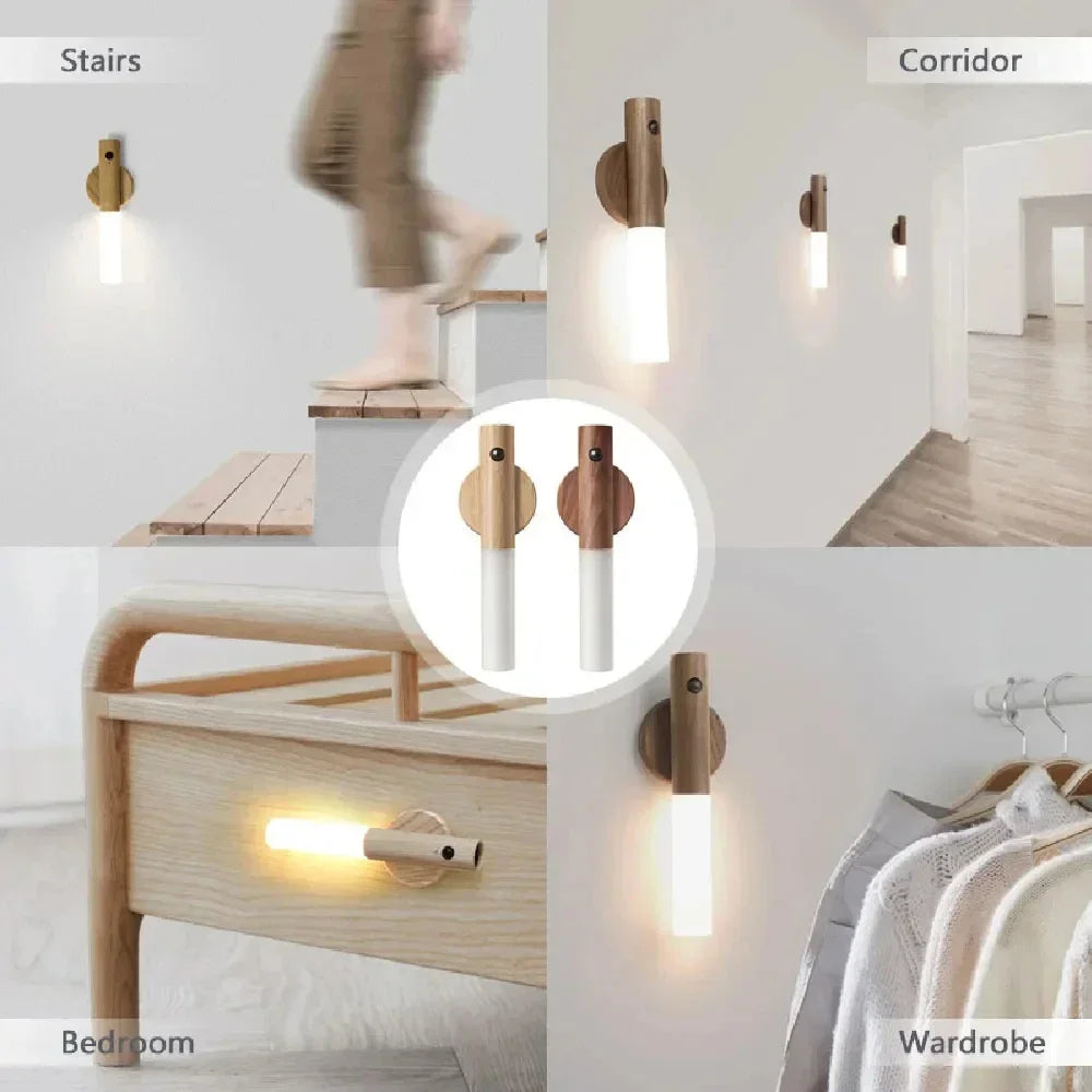 Motion Sensor LED Night Light Rechargeable Human Body Induction Wall Light Wood Grain Designed Lamp for Bedroom Stair Lighting