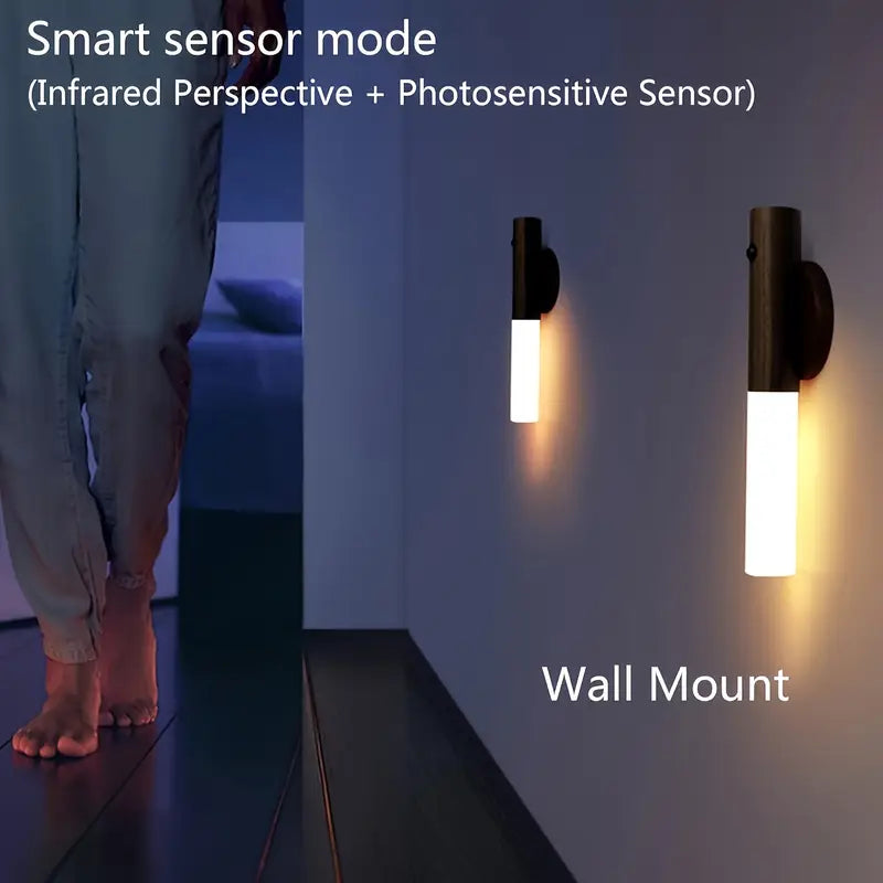 Rechargeable Motion Sensor LED Night Light – Magnetic Wooden-Style Wall Sconce for Bedroom, Stairs, and More