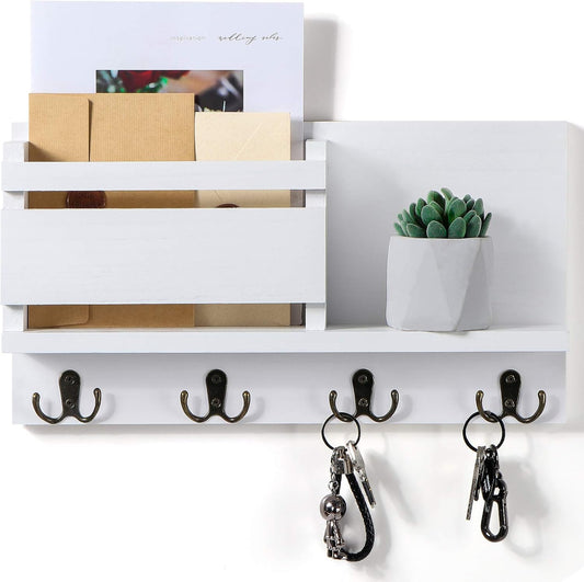 Key and Mail Holder for Wall Decorative - Rustic Mail Organizer Wall Mount, Wooden Letter Sorter Organizer with 4 Key Rack Hooks for Hallway Kitchen Farmhouse Decor (16.5” X 9.1” X 3.4”) (White)