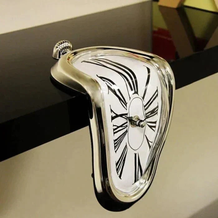 Surreal Melting Roman Clock – Golden Plastic, Battery-Powered, Decorative Art Piece
