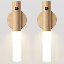 Rechargeable Motion Sensor LED Night Light – Magnetic Wooden-Style Wall Sconce for Bedroom, Stairs, and More