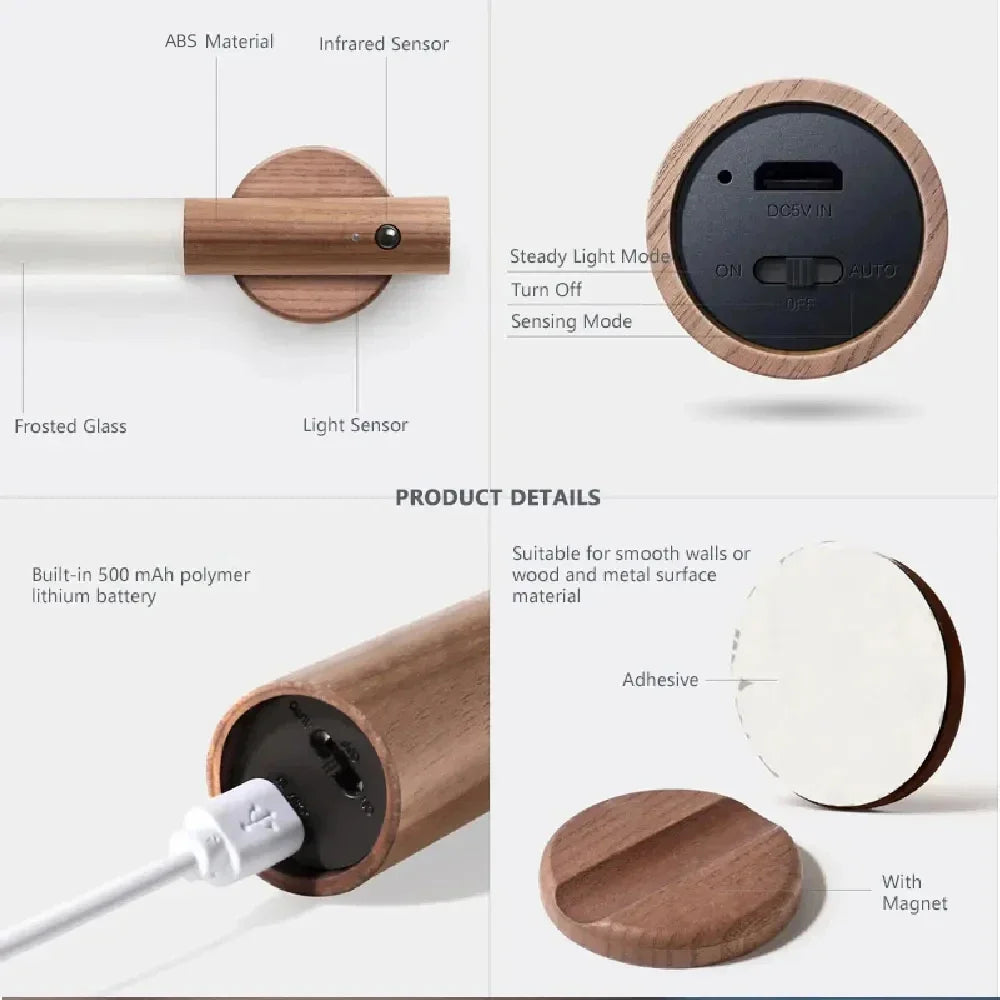 Motion Sensor LED Night Light Rechargeable Human Body Induction Wall Light Wood Grain Designed Lamp for Bedroom Stair Lighting